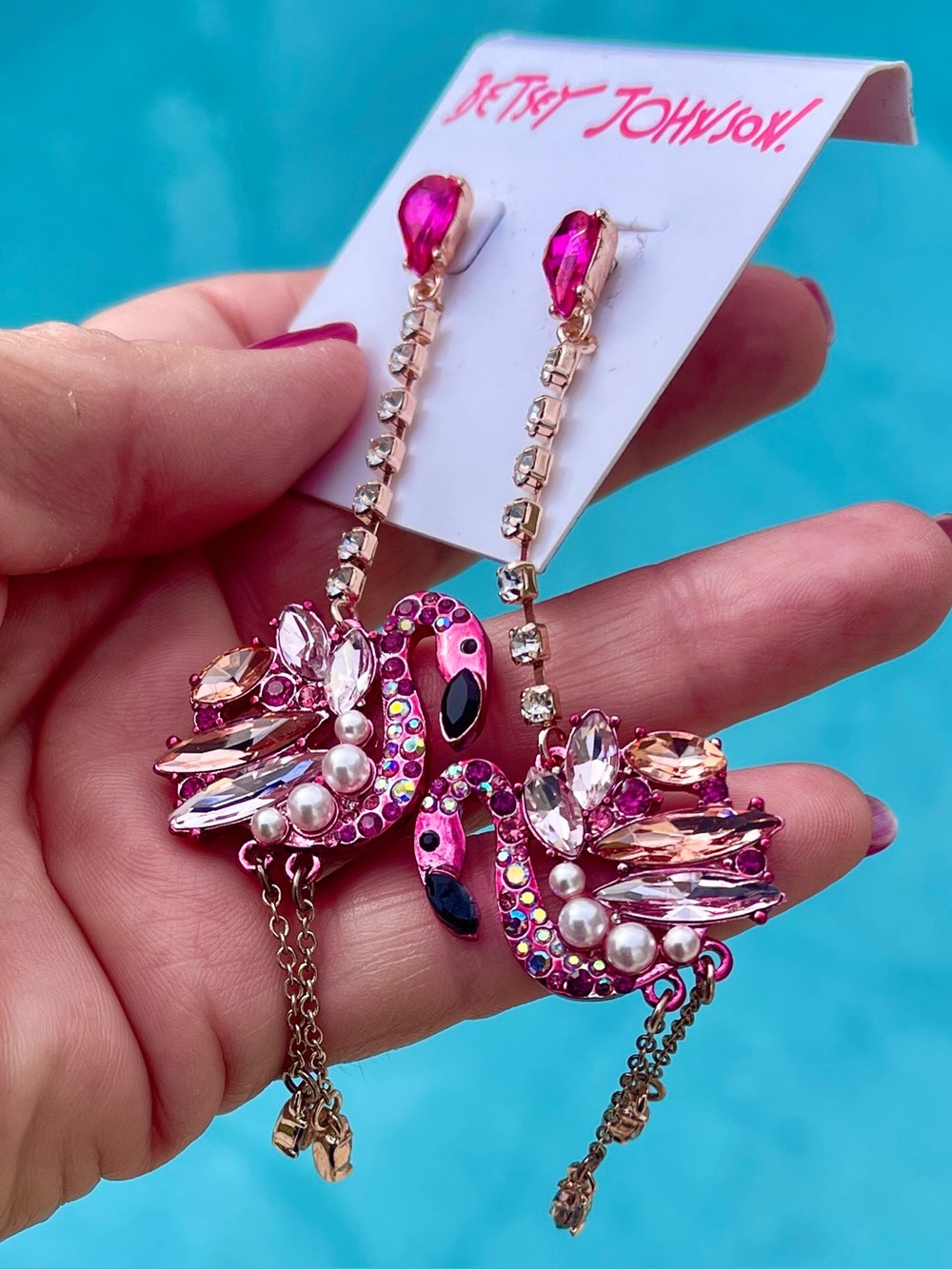 Betsey Johnson Pink Flamingo Crystals/enamel/Faux pearls Drop/Dangle Earrings